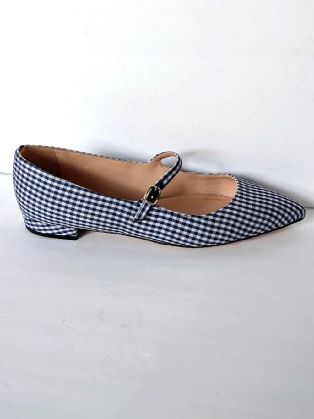J. Crew Gingham Pointed Toe Mary Jane Flats Navy White 7 NIB - Picture 2 of 9